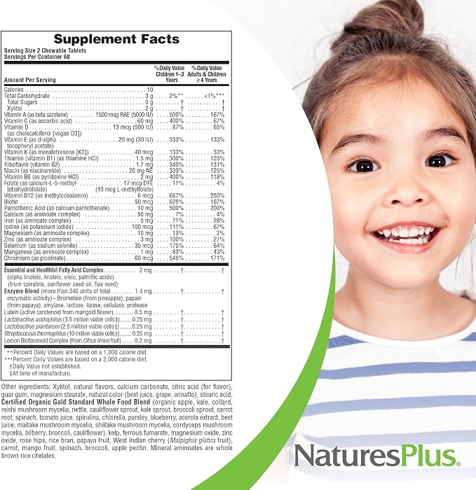 NaturesPlus Animal Parade Gold Children's Multivitamin - 120 Animal-Shaped Chewable Tablets - Assorted Cherry, Orange & Grape Flavors - Vegan, Gluten Free - 60 Total Servings