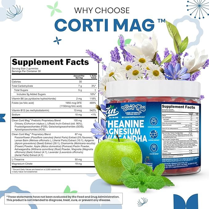 Clean Nutra Cortisol Supplement Gummies L-Theanine Magnesium Ashwagandha Apigenin Vitamin B6 Sleep and Calm Support Lavender Chicory Prebiotic Advanced Gummy Formula