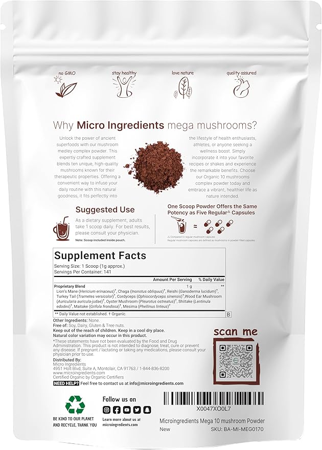 Micro Ingredients Organic Mushroom 10-in-1 Blend, 5 oz | Chaga, Lion’s Mane, Cordyceps & More | Great for Smoothies & Daily Use | Non-GMO, Vegan Friendly