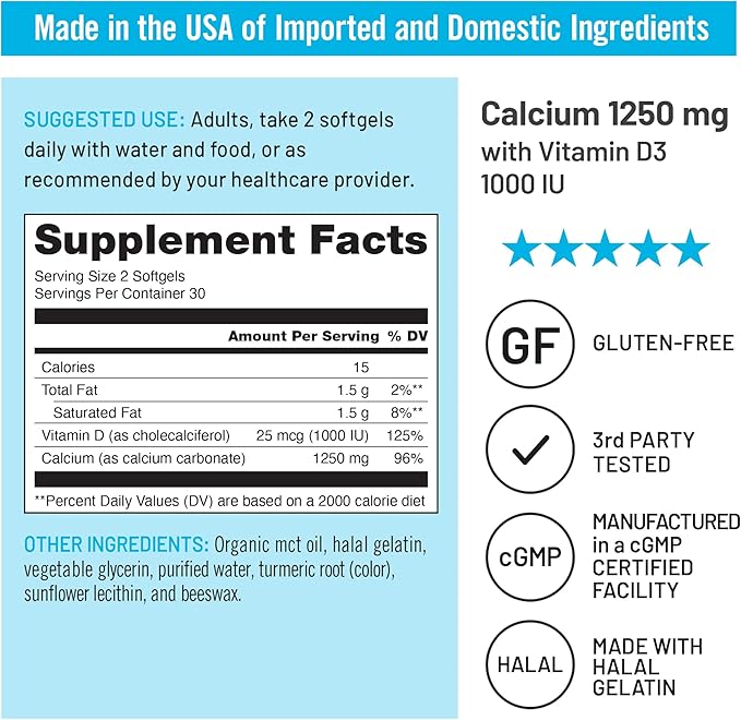 (Pack of 3) NatureWise Calcium 1250mg + D3 1000IU + Organic MCT Oil - 60 Softgels[30-Day Supply] + [1] Vitamin K2 - MK-7 100mcg + MK-4 500mcg - Non-GMO - 90 Softgels[3-Month Supply]