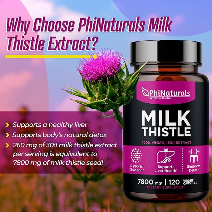 PhiNaturals Milk Thistle Extract Capsules Supplement Liver Detox 260mg Silymarin 30:1 Extract Equivalent to 7800mg Milk Thistle Seeds Liver Detox Silimarina