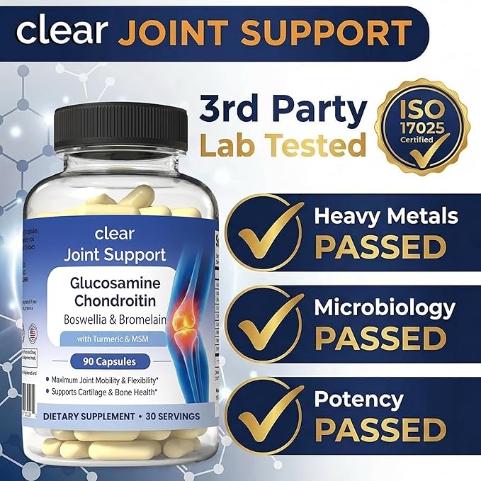 Clear Joint Support - Glucosamine Chondroitin MSM with Turmeric & Boswellia | 8-in-1 Formula | 90 Capsules (30-Day Supply) | Supports Knee, Hip & Back Health | Made in USA