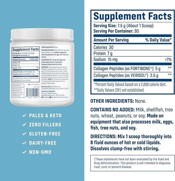 NativePath Bone Health Collagen Peptides, Type 1 & 3, with Fortibone and Verisol, 7.9 Ounce, 30 Servings (Pack of 2)