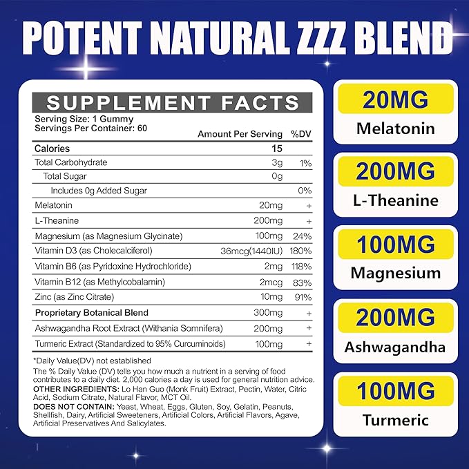 Maennyliy Melatonin 20mg Gummies for Adults - Sugar Free Melatonin Gummies Extra Strength with L-Theanine, Magnesium, Ashwagandha, Turmeric, D3 & Zinc - Non-Habit Forming