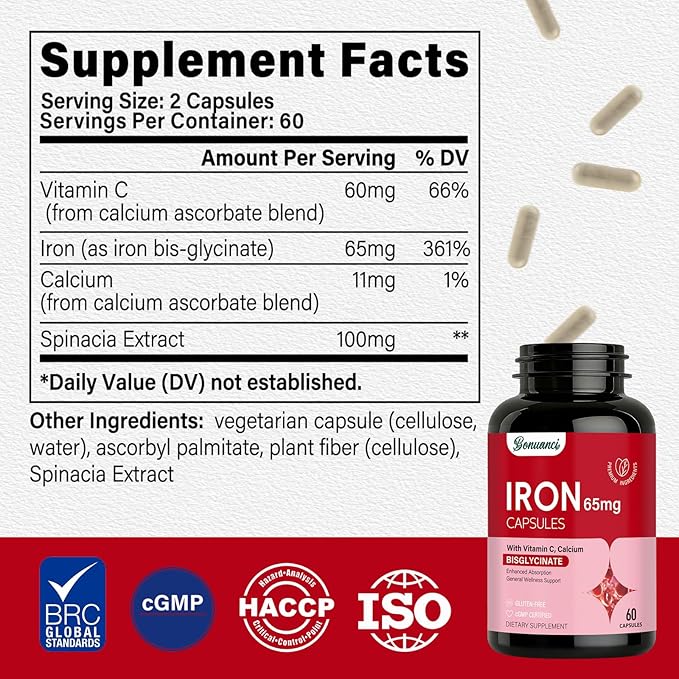 Iron Supplement - Iron 65mg High Absorption Iron Bisglycinate with Vitamin C, Calcium, Gentle Iron Pills for Women Men - Non GMO & Gluten Free, Stomach Friendly, 60 Capsules