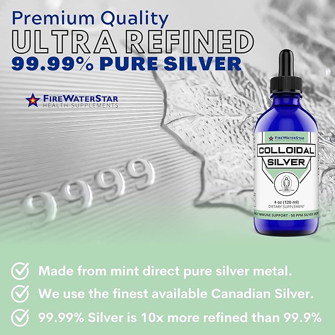 FWS Colloidal Silver, Liquid Silver Drops, 99.99% Pure Silver, 4 oz Glass Bottle, 60 Servings (2 Month Supply), 50 ppm, Concentrated for Easy and Convenient Servings