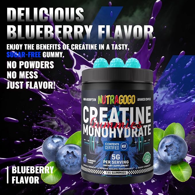 NSF Certified Creatine Gummy - Creatine Monohydrate Gummies for Men & Women-5g of Creatine Monohydrate per Serving - Sugar Free,Vegan, Blueberry Electrolyte Chews, 135 Count