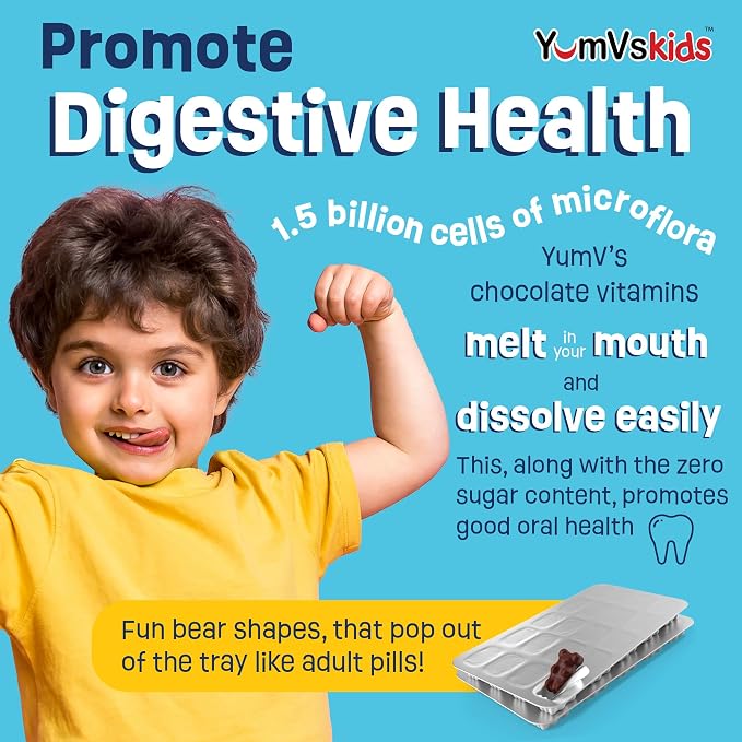 YUM-V'S Probiotics for Kids Chocolate Bears – Kids Probiotic Supplement with 1 Billion CFU – Prebiotic High Fiber Supplements for Digestive Support – Sugar-Free Melt-in-Mouth – 60 Count, Pack of 2