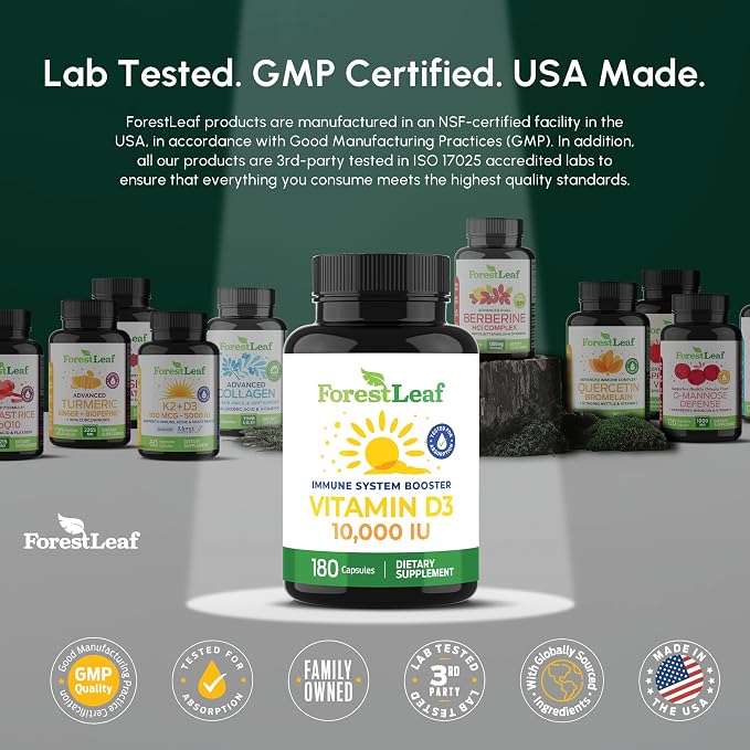 ForestLeaf Vitamin D3 10,000 IU | VIT D - VIT D3 Vitamin D Supplements for Women and Men | Bone Health, Teeth and Immune Support | Easy to Swallow Pills | High Potency Daily, 6-Month Supply, 180 Caps