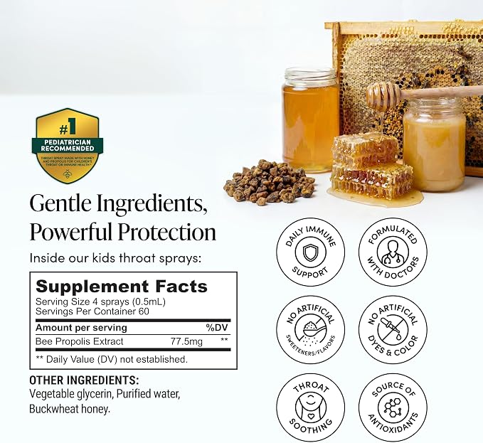 Beekeeper's Naturals Kids Propolis Throat Spray 95% Bee Propolis Extract - Natural Immune Support & Sore Throat Relief, Antioxidants & Gluten-Free, 1.06 oz (Pack of 2)