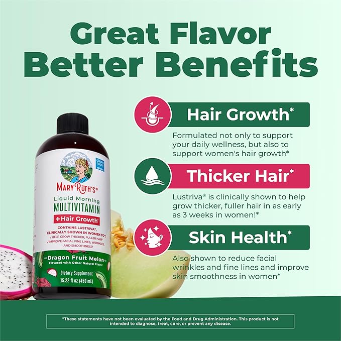 MARYRUTH'S Liquid Multivitamin + Hair Growth | Biotin 10000mcg | Lustriva Hair Growth Supplement | Clinically Tested in Women for Thicker Hair & Facial Wrinkle | Skin Care | Ages 18+ | 15.22 Fl Oz