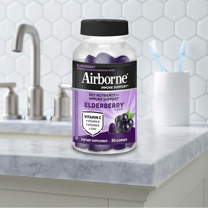 Airborne Elderberry + Zinc & Vitamin C Gummies For Adults, Immune Support Vitamin D & Zinc Gummies With Powerful Antioxidant Vitamins C D & E - 50 Gummies, Elderberry Flavor