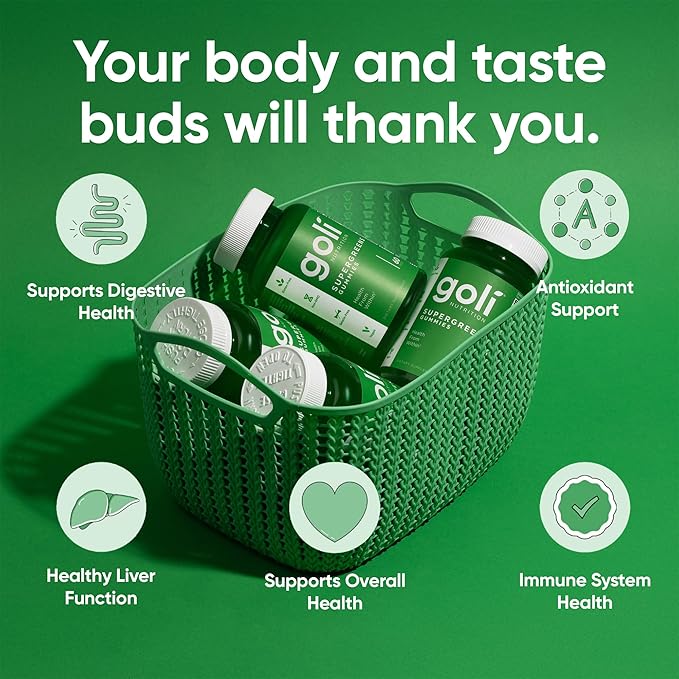 Goli Supergreens Gummies with Probiotics - Artichoke Leaf Extract, Spirulina, Kale, Vitamins A, B6, B12 - Vegan, Gluten-Free, Non-GMO