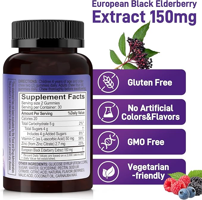 Biobor Natural Black Elderberry Gummies 150mg, Elderberry Fruit Extract with Vitamin C and Zinc, Herbal ElderCraft® Gummies Daily Immune Support for Kids and Adults, 60 Count