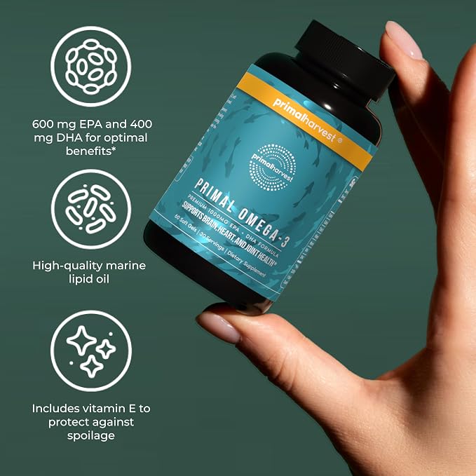 Primal Harvest Omega 3 Fish Oil Supplements, 30 Servings Soft Gels Capsules w/ 1000mg EPA + DHA Supplements, No Fishy Burps Non-GMO Omega 3 Fatty Acid