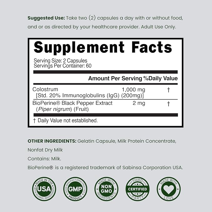 Colostrum Supplement (120 Count) 1000mg Per Serving (Bovine Colostrum Capsules from First Milking Only, Std. to Contain 20% IgG Immunoglobulins) - Grass Fed, No Fillers, Third Party Tested - USA Made