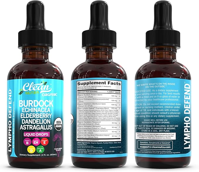 Organic Lymphatic Drainage Supplement | Lymphatic Support Drops | Burdock Root Echinacea Elderberry Dandelion Astragalus Milk Thistle Sea Moss Red Clover Cleanse Marigold Drop By Clean Nutra