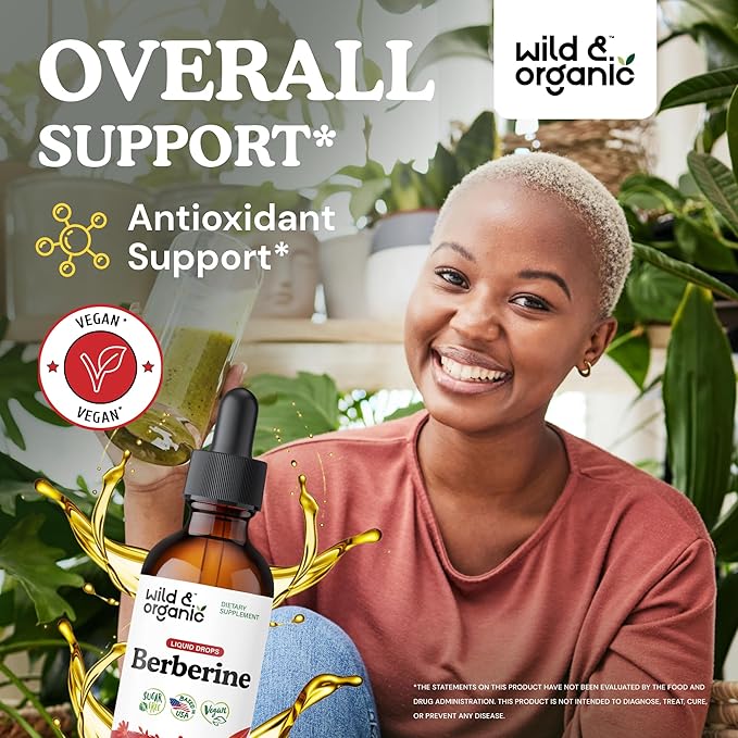 Wild & Organic Berberine Supplement 500mg - Antioxidant Support - HCL Berberine Liquid Drops - Add to Tea Tincture - Berberis Aristata Bark Extract - Vegan, Alcohol & Sugar-Free - 2 fl oz