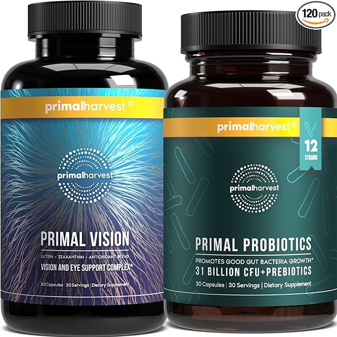 Primal Harvest Probiotics & Vision Supplements for Women and Men Vision and Eye Support Complex with Lutein, Zeaxanthin Bundle