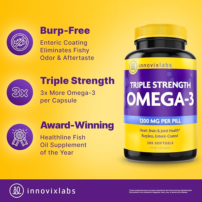 InnovixLabs Triple Strength Omega 3 Supplement, Burpless Fish Oil for Women and Men - 900 mg EPA & DHA, Brain & Joint Support, Award Winning & Third-Party Tested, 200 Softgels