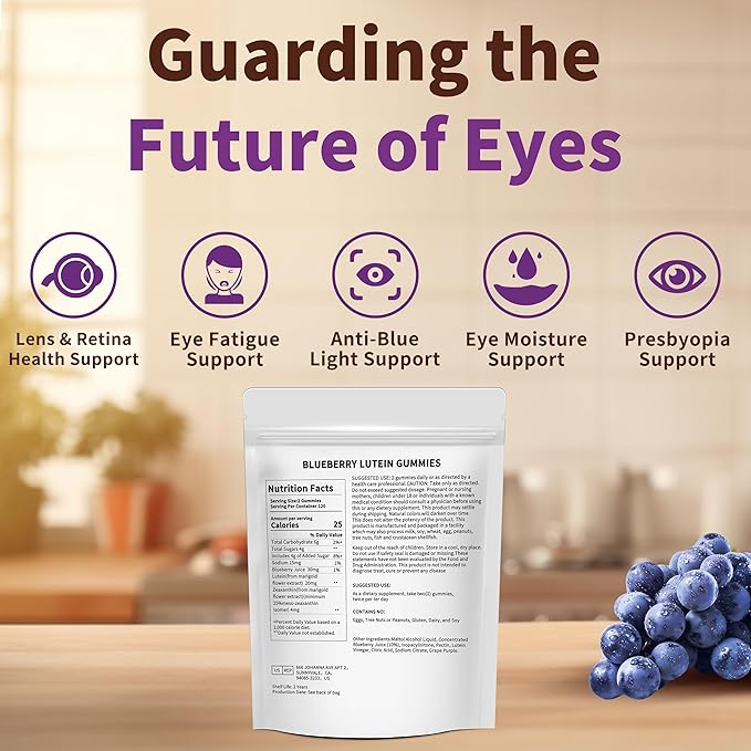 Blueberry Lutein Gummies with 120 Count - 2 Month Supply, Eye Health Support Supplement for Kids and Adult, Contains Blueberry Juice (30 mg/Gummy) & Lutein (20 mg/Gummy)