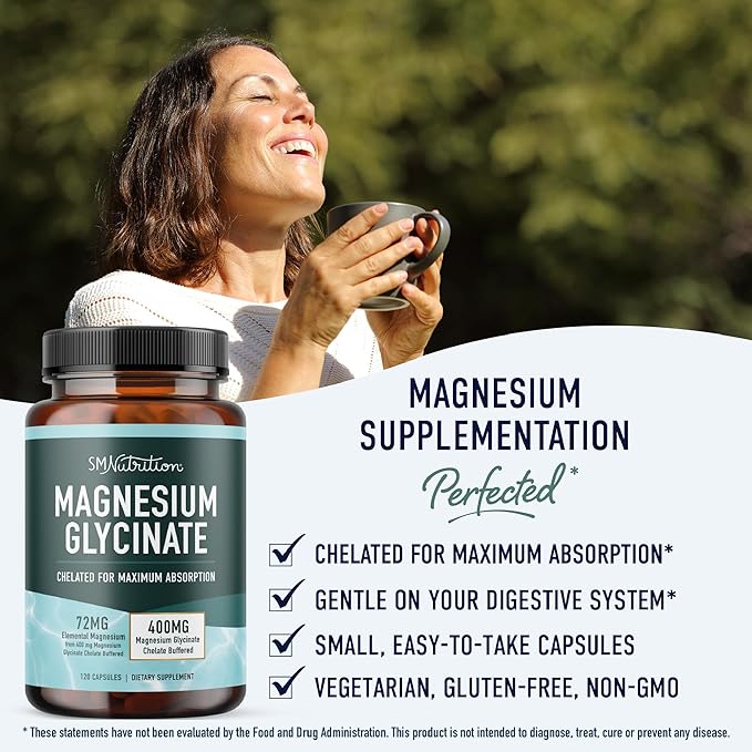 Magnesium Glycinate 400mg | Chelated Magnesium Glycinate for Maximum Absorption & Bioavailability | Relaxation, Muscle Health, Stress & Energy Support Supplement | 120 Capsules (2-Month Supply)