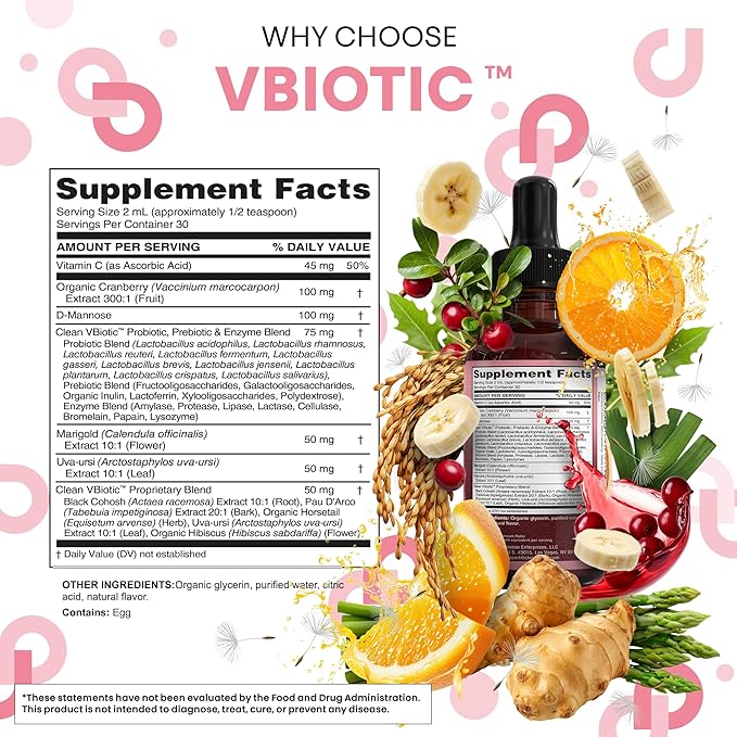 Clean Nutraceuticals VBiotic Vaginal Probiotic for Women Liquid Drops | Cranberry Uva Ursi Horsetail D-Mannose Prebiotics Marigold & Black Cohosh Vaginal Health Supplement | pH Balance