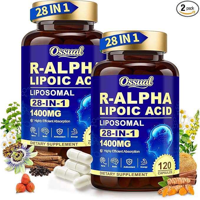 1400MG R Alpha Lipoic Acid, 28-in-1 Stabilized ALA Supplements, Neuropathy Supplements with L-Carnitine, NAC & B-Complex, R-ALA Supplement Antioxidant for Nerve, Brain, Energy丨Vegan, 240 Capsules