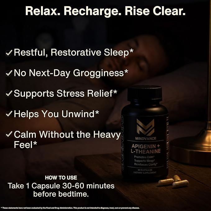Apigenin 100mg with L-Theanine 200mg Supplement Capsules for Sleep Support, Relaxation, Clarity & Calm | Melatonin Free | 60 Vegan Capsules