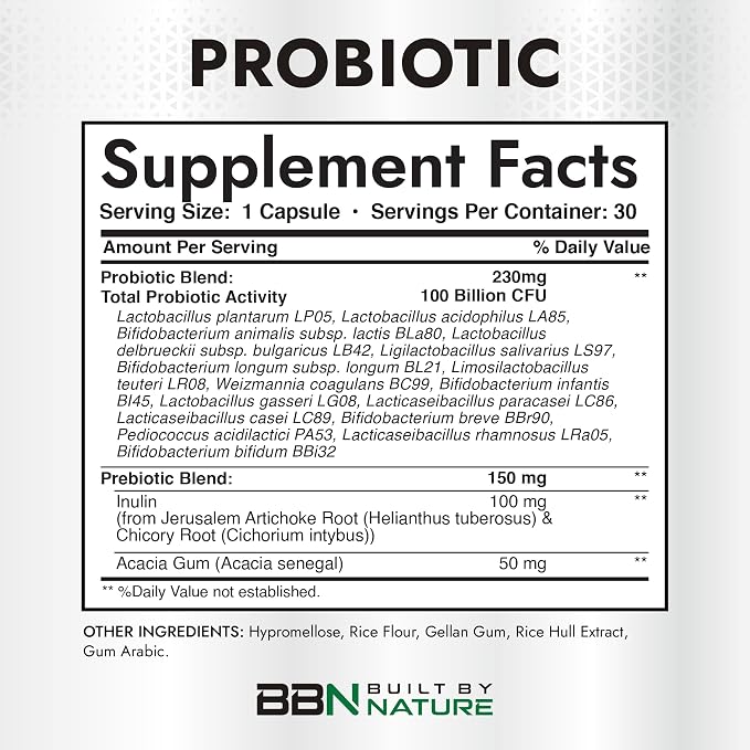 Built by Nature 100 Billion CFU Probiotic – 16 Strains + Prebiotics – Immune & Digestive Support – for Women & Men – Delayed Release Capsules, Shelf Stable – 1 Month Supply - 30 Capsules