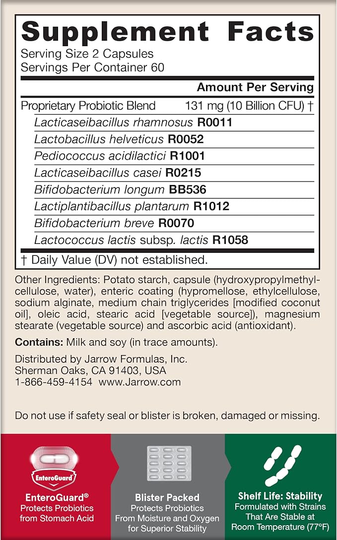 Jarrow Formulas Jarro Dophilus Probiotics 10 Billion CFU - Probiotic Supplement Capsules for Digestive Health & Gut Health for Women and Men, 120 Veggie Capsules, Up to 60 Days, Shelf Stable