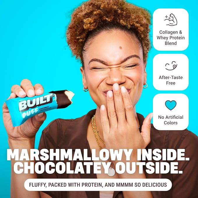 BUILT Puff Protein Bars, Coconut, 17g Protein - 12 Count | Protein Snack Bar with Collagen, Calorie Conscious, Gluten Free