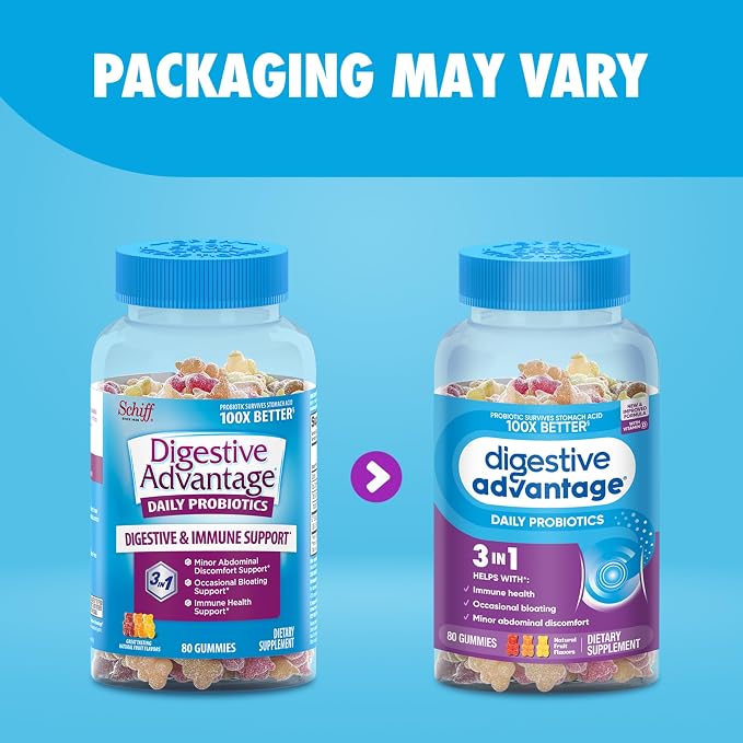 Digestive Advantage Probiotic Gummies For Digestive Health, Vitamin D, Daily Probiotics For Women &Men Occasional Bloating, Minor Abdominal Discomfort & Gut Health, 80ct Natural Fruit Flavors