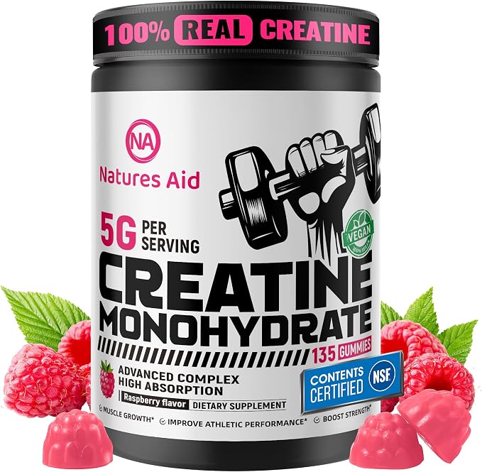 Natures Aid NSF Certified Creatine Gummy 5g - Creatine Monohydrate Gummies – Pre-Workout Energy & Muscle Growth Support for Men & Women | Raspberry Electrolyte Gummies (135 Count)
