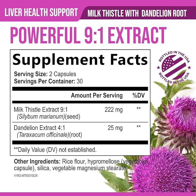 Milk Thistle Supplement - Liver Health Support with Dandelion Root & Silymarin Marianum, Liver Cleanse Detox & Repair - Nature's Milk Thistle Extract - 60 Capsules
