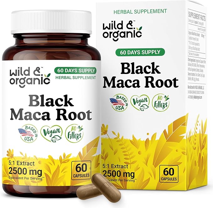 Wild & Organic Black Maca Root Capsules for Women & Men 500 mg - Maca Root Extract for Overall Support - 60 Vegan Capsules - Men & Women Supplement - 60 Days Supply - Non-GMO, No Fillers, Gluten-Free