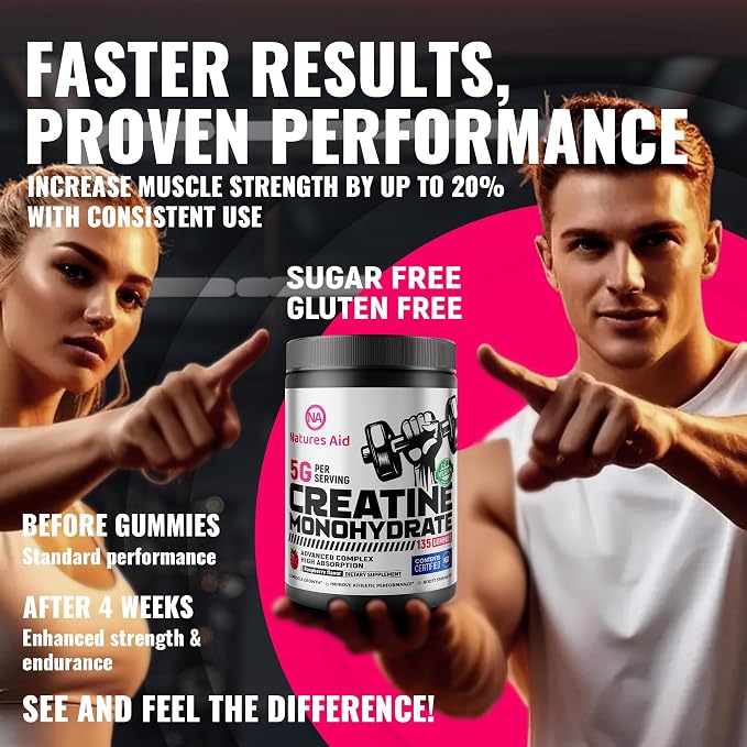 Natures Aid NSF Certified Creatine Gummy 5g - Creatine Monohydrate Gummies – Pre-Workout Energy & Muscle Growth Support for Men & Women | Raspberry Electrolyte Gummies (135 Count)