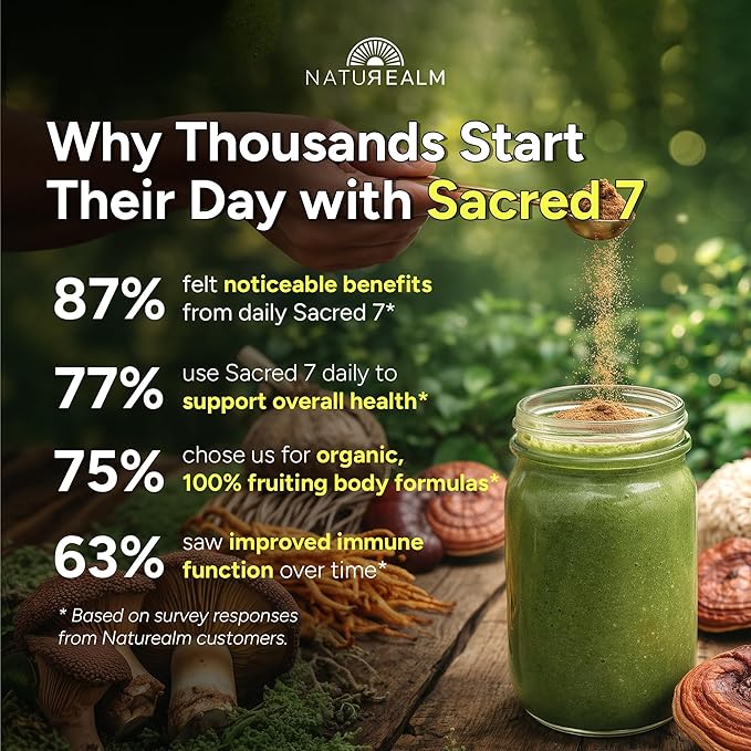 Naturealm Sacred 7 Organic Mushroom Powder Supplement | 7-Month Supply | 7-in-1 Blend with Lions Mane, Reishi, Chaga | Brain & Immune Support | 100% Fruiting Bodies for Coffee & Smoothies