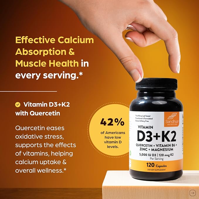 Sandhu's Vitamin D3 K2 Magnesium 5000 IU, 120mcg K2 Capsules 120 Count (Pack of 1) | with VIT B6, Zinc & Quercetin | D3K2 Supports Superior Absorption, Energy, Immune, Muscle Health for Men & Women