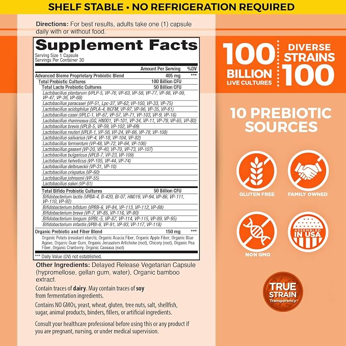 Vital Planet - Vital Flora Advanced Probiotic 100 Billion CFU, 100 Diverse Strains, 10 Organic Prebiotics, Immune Support, Digestive Health Shelf Stable Probiotics for Women and Men 30 Capsules