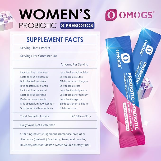 OMOGS Women's Probiotic,120-Billion-CFUs, 18 Strains, with 3 Prebiotics and Cranberry Extract, Help for Immune Booster, Digestive Health, Gut Health and Vaginal Health