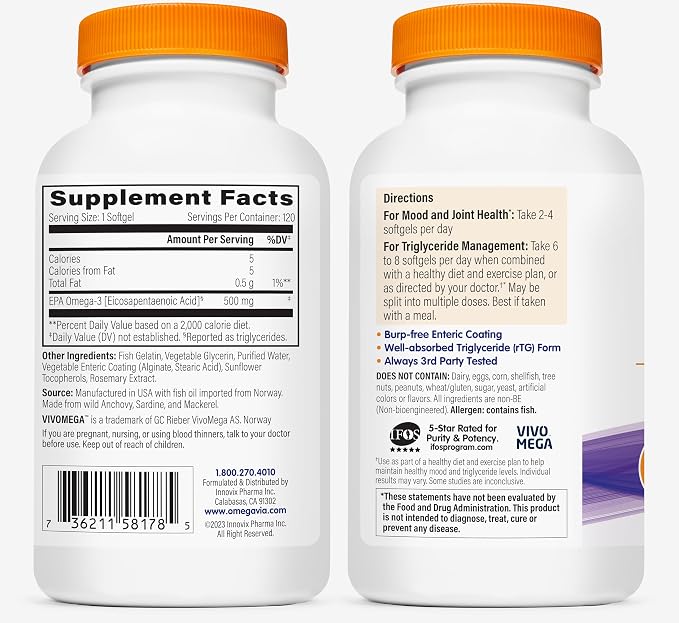 OmegaVia EPA 500, Purified Omega-3 Fish Oil Supplement, 500 mg EPA in Triglyceride Form, Burpless Fish Oil, Non-GMO, Gluten-Free, IFOS 5-Star, 120 Softgels (Pack of 2)