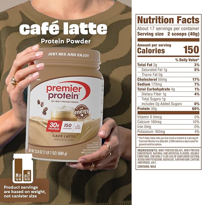 Premier Protein Powder, Café Latte, 30g Protein, 95mg Caffeine for Energy, No Added Sugar, 100% Whey Protein, Keto Friendly, Soy & Gluten Free, 23.9 oz (17 Servings)