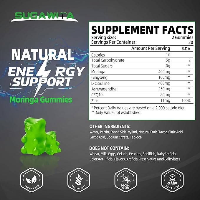 Moringa Gummies for Men with Gingseng L-Citrulline Ashwagandha CZQ10 Zinc | Chewable Organic Pure Moringa Leaf Supplement | Energy & lmmune Support | Sugar Free | Vegan | Lemon Flavor | 60 Counts