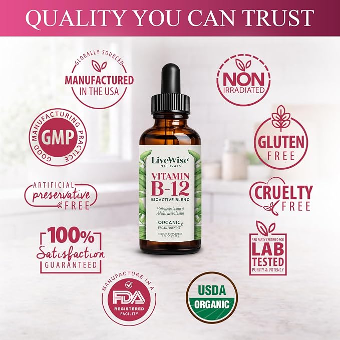 Organic Vitamin B12 1000 mcg Sublingual Liquid Drops For Adults, 1 Year+ Supply - 2 oz, Methylcobalamin & Adenosylcobalamin - Bioactive Blend for Energy, Clarity & Focus - Vegan, Non-GMO, Unflavored
