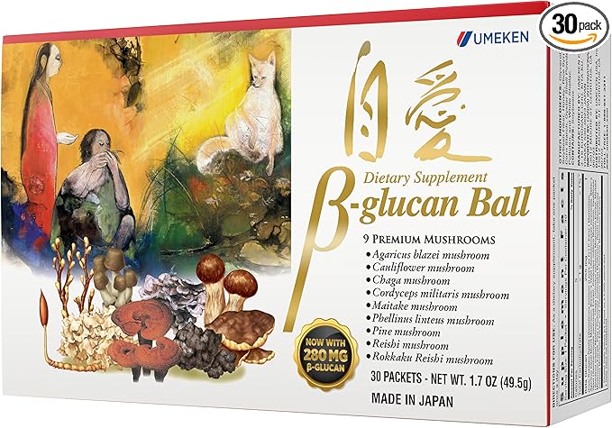 Umeken Beta Glucan, Immune Boost, Mushroom Extract, Dietary Supplement, Blend of 9 Premium Mushroom Extract Packets, Easy to Take Beta Glucan Supplements, 1 Month Supply, 30 Count Box, Pack of 1