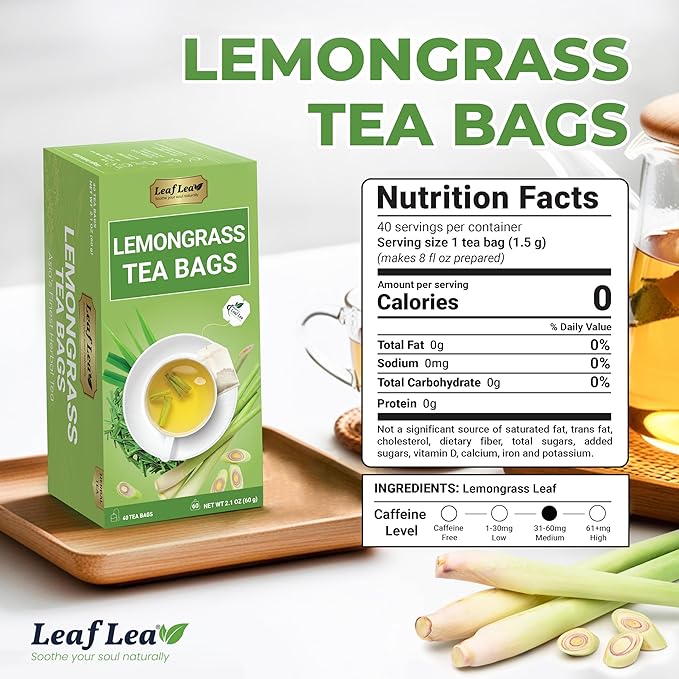 LeafLea 80 Premium Lemongrass Tea Bags, Natural Herbal Lemongrass Leaves, Te de Limoncillo for Digestion Support, Light & Soothing Taste, Caffeine-Free, Sugar-Free, Vegan, Individually Wrapped
