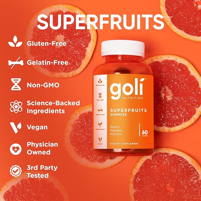 Goli Superfruits Beauty Gummies with Bamboo Silica - Vitamins A, C, E, Zinc - Collagen Support with Superfruit Blend - Vegan, Non-GMO, Gluten-Free, 180 Count (3 Pack)