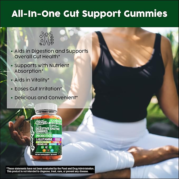 Digestive Enzymes with Probiotics and Prebiotics For Digestive Health Gummies + L-Glutamine For Gut Health Bromelain Turmeric Licorice Fiber Apple Pectin Inulin FOS Plant Pased Vegan Gummy Vitamins
