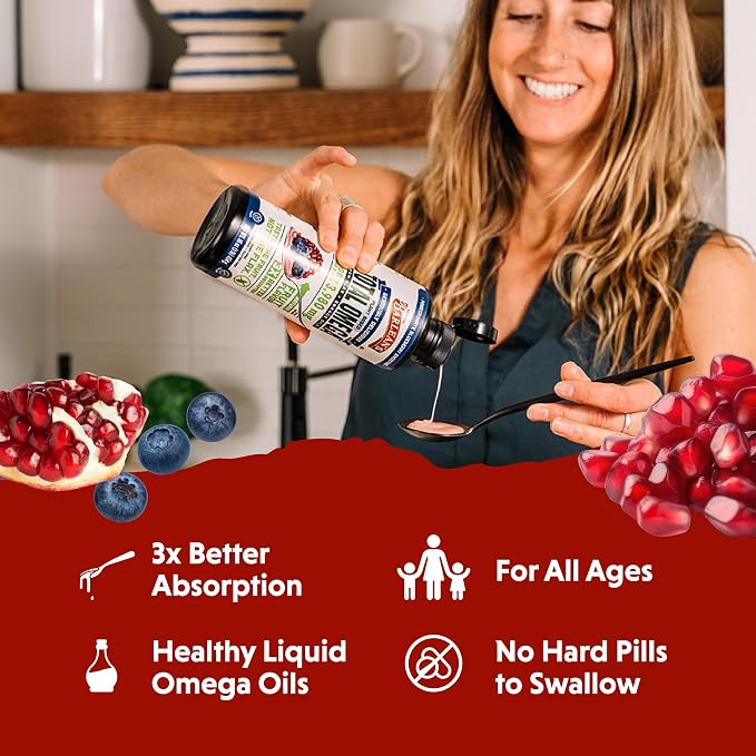 Barlean's Vegan Omega 3 6 9 Flaxseed, Borage and Algae Oil Liquid Supplement, Pomegranate Blueberry, 3,980 mg GLA, EPA and DHA Fatty Acid, Vegan, 16 oz